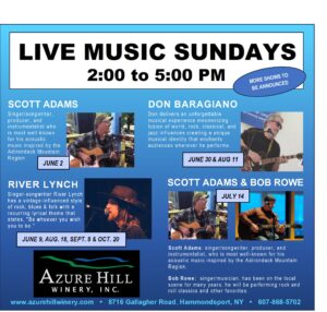 Azure Winery on Keuka Lake invites you to experience Live Music Sundays from June to October, 2024, featuring a lineup of talented musicians.