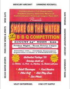 The annual Smoke on the Water event will return to the Hammondsport Fire Department on Saturday, August 24, promising a day of barbecue, music, and family fun.