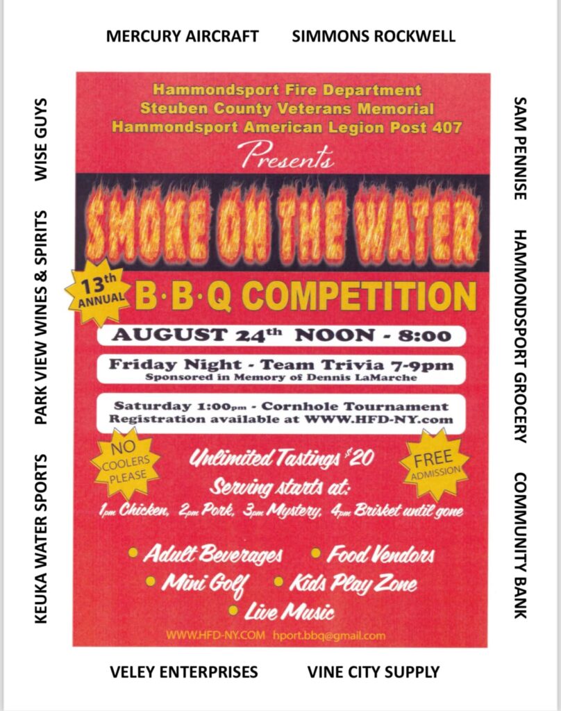 The annual Smoke on the Water event will return to the Hammondsport Fire Department on Saturday, August 24, promising a day of barbecue, music, and family fun.