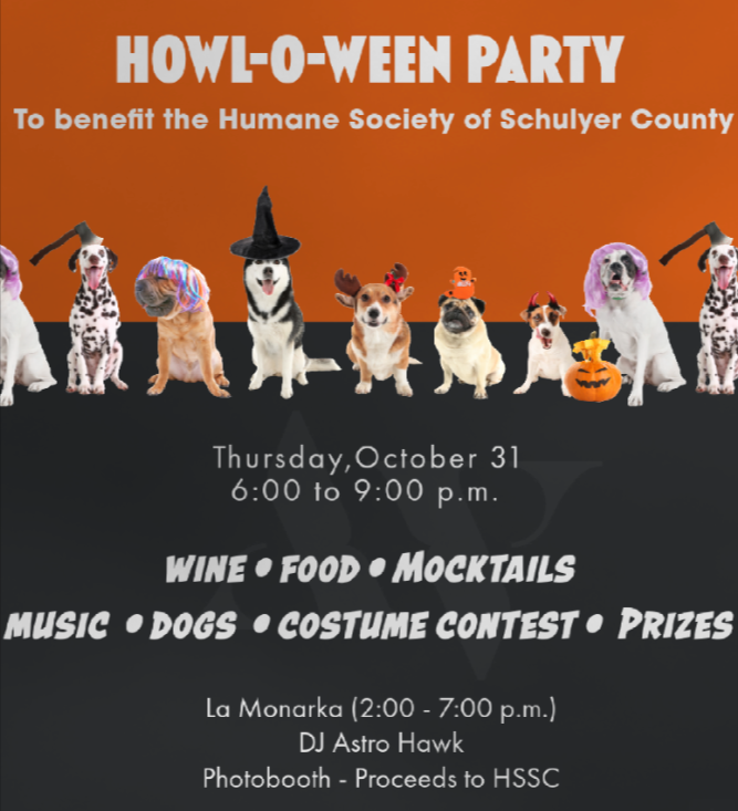 Get your costumes ready for you and your pup(s), We're hosting a Howl-O-Ween party to benefit the Humane Society of Schuyler County!