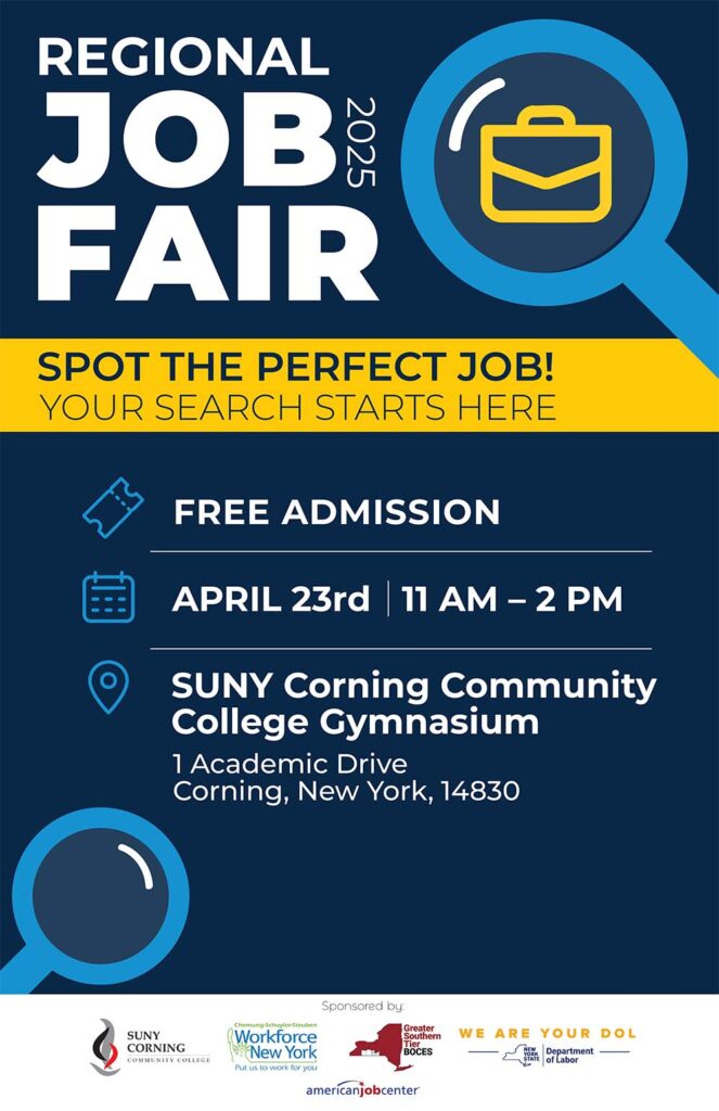 Looking for a new career opportunity? SUNY Corning Community College's Regional Job Fair today might have the perfect job for you.